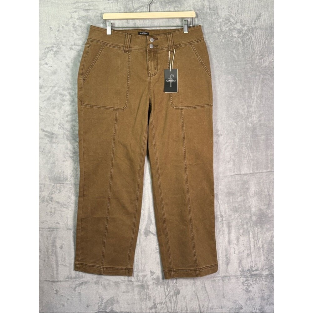 NWT New Flamingals Green Brown Front Seam Wide Leg Stretch Chino Pants Size XL